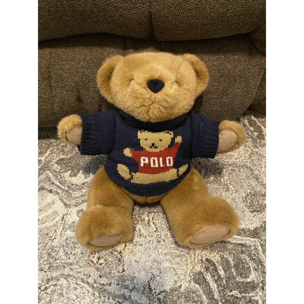 Ralph Lauren Polo Bear 1997 Brown Plush Bear Blue Knit Sweater